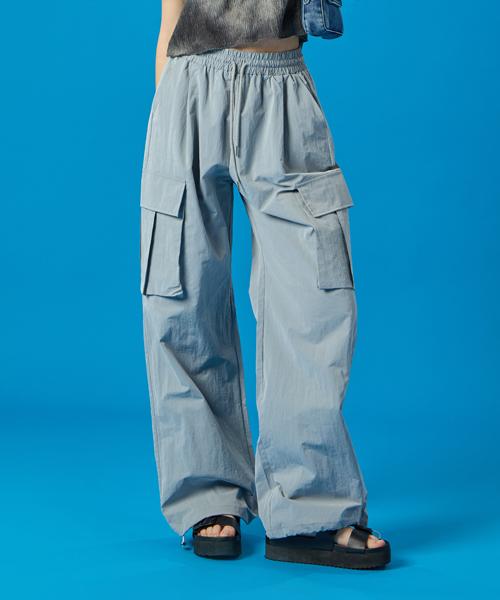 KOLEAT Summer Cooling Crinkly Wide Elastic Waist Big 3D Cargo Slacks Pants [Sky Gray]
