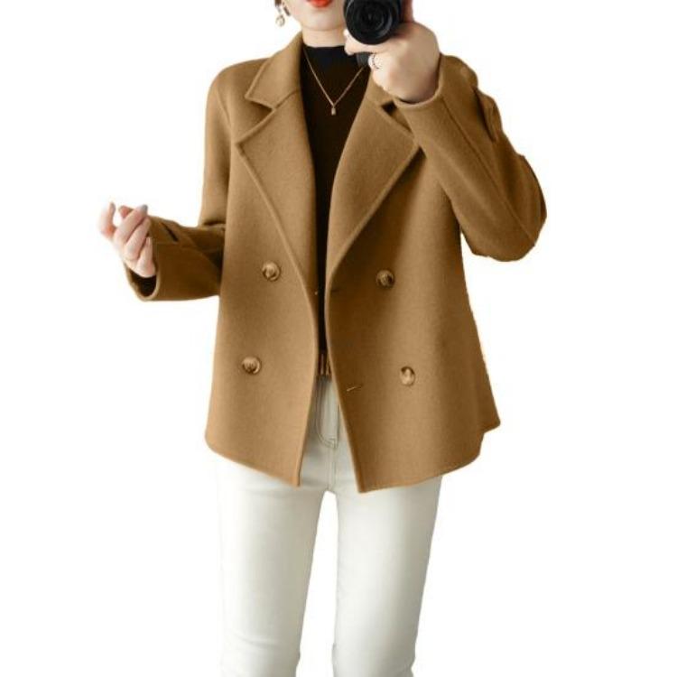 Women Double Breasted Woolen Coat Fall Winter Long Sleeve Thickened Warm Loose Lapel Solid Color Formal Business Style