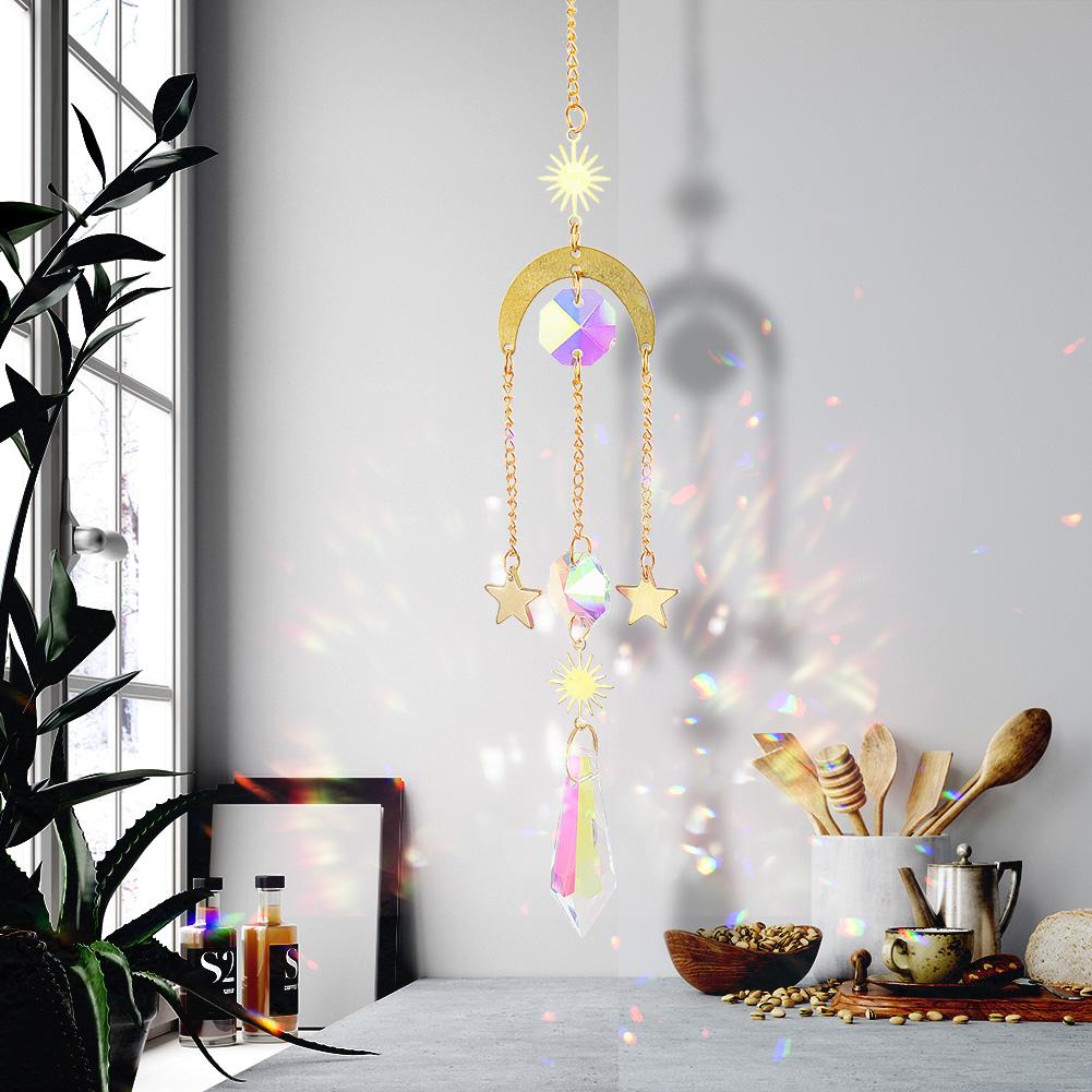 Crystal Star Moon Pendant Diamond Prisms Colorful Beads Hanging Pendant Wind Chime Home Lighting Accessory Decor