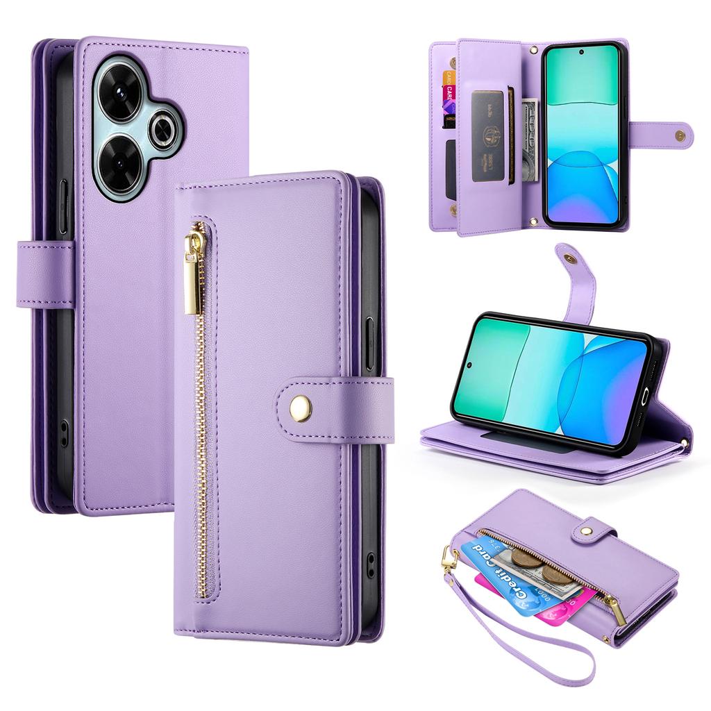 DF-011 For Xiaomi Redmi 13 4G/13 5G Case Zipper Pocket Wallet Leather Phone Cover with Straps