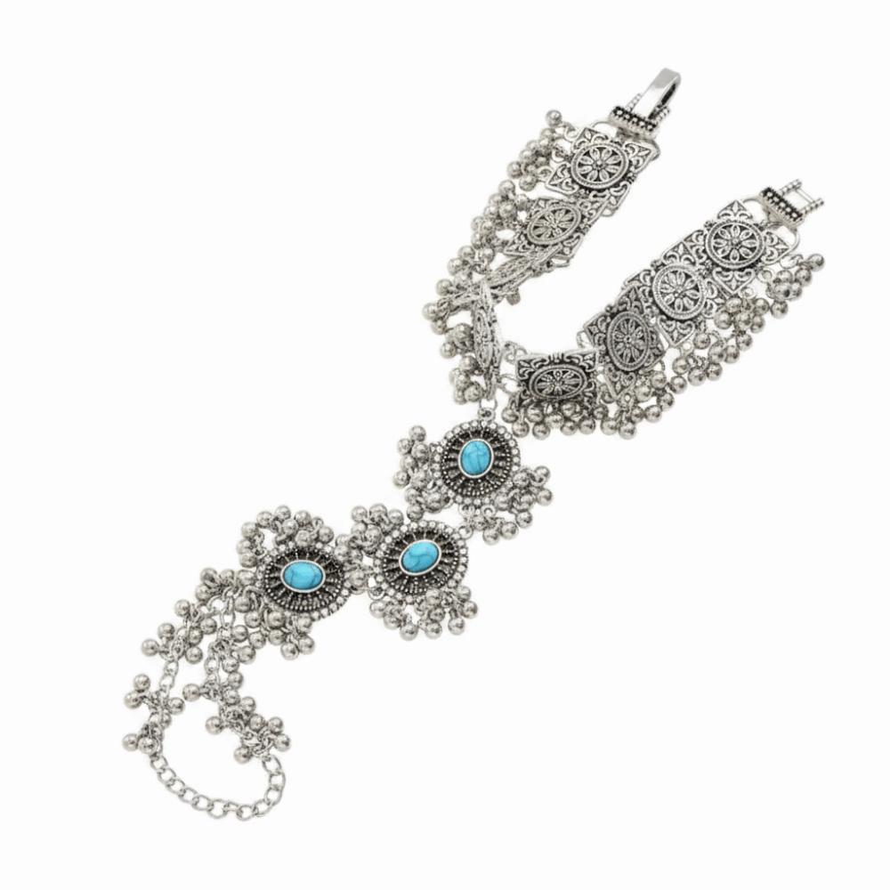 Braccialetto da Dito Boemo Stile Indiano Turchese Minimalista Anello Bracciale Argento Pendente Nappa Vintage Eccessivo Catena da Mano