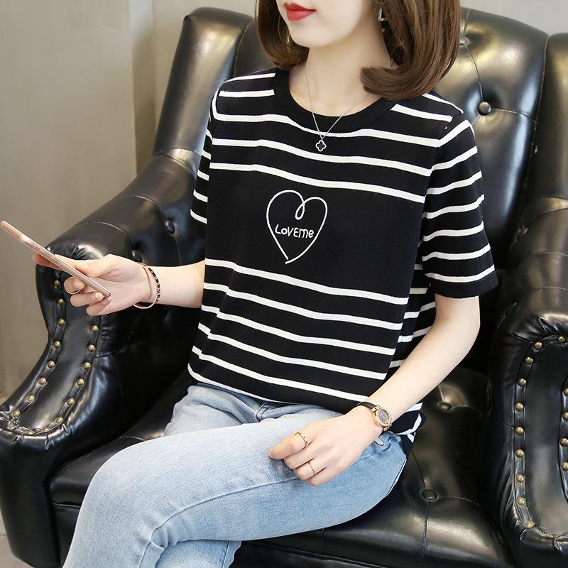 Ice silk knitted sweater women's summer 2025 new pullover round neck thin horizontal striped short sleeve embroidery women's clothes