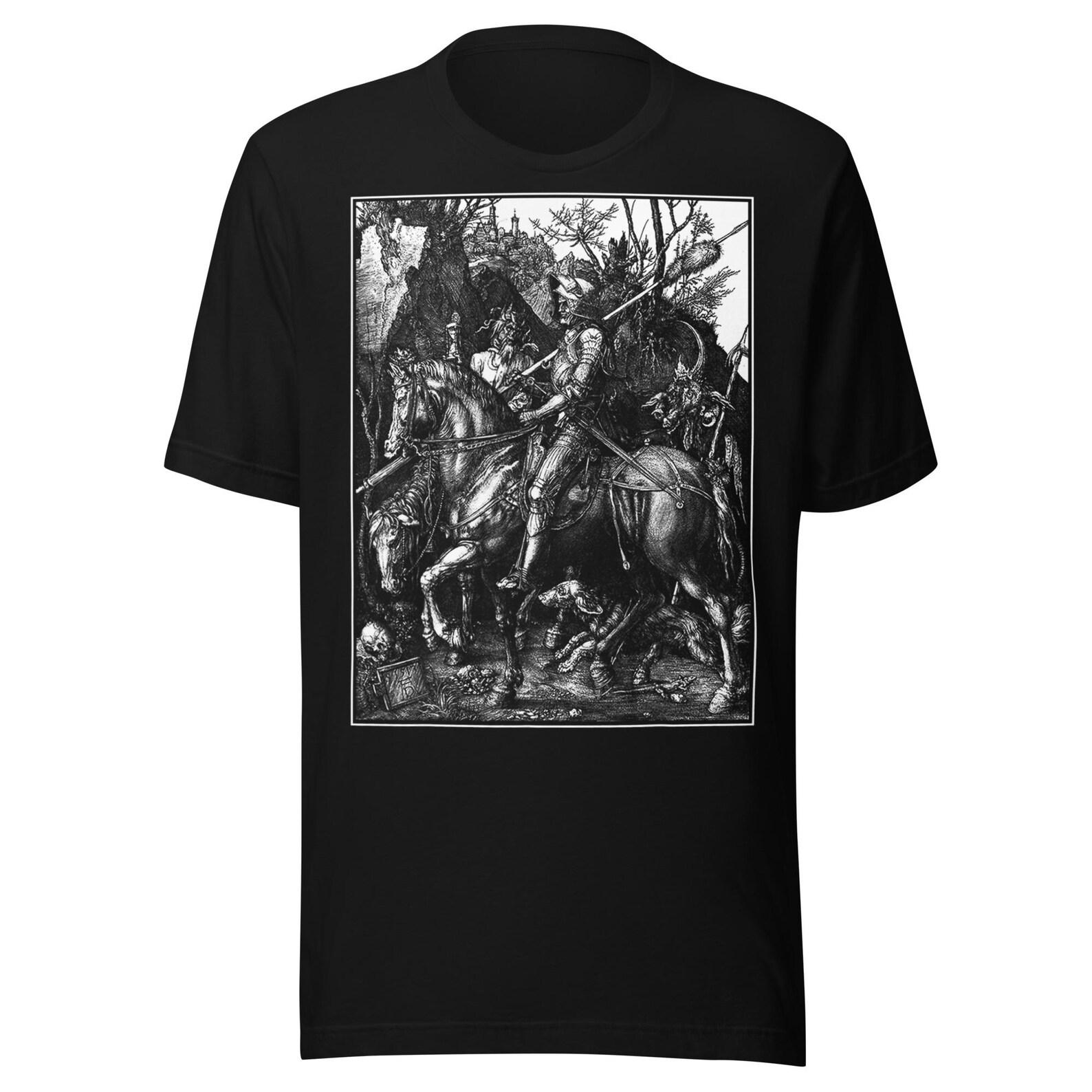 The Knight, Death and The Devil by Albrecht Durer Grungy Occult Goth t-shirt L