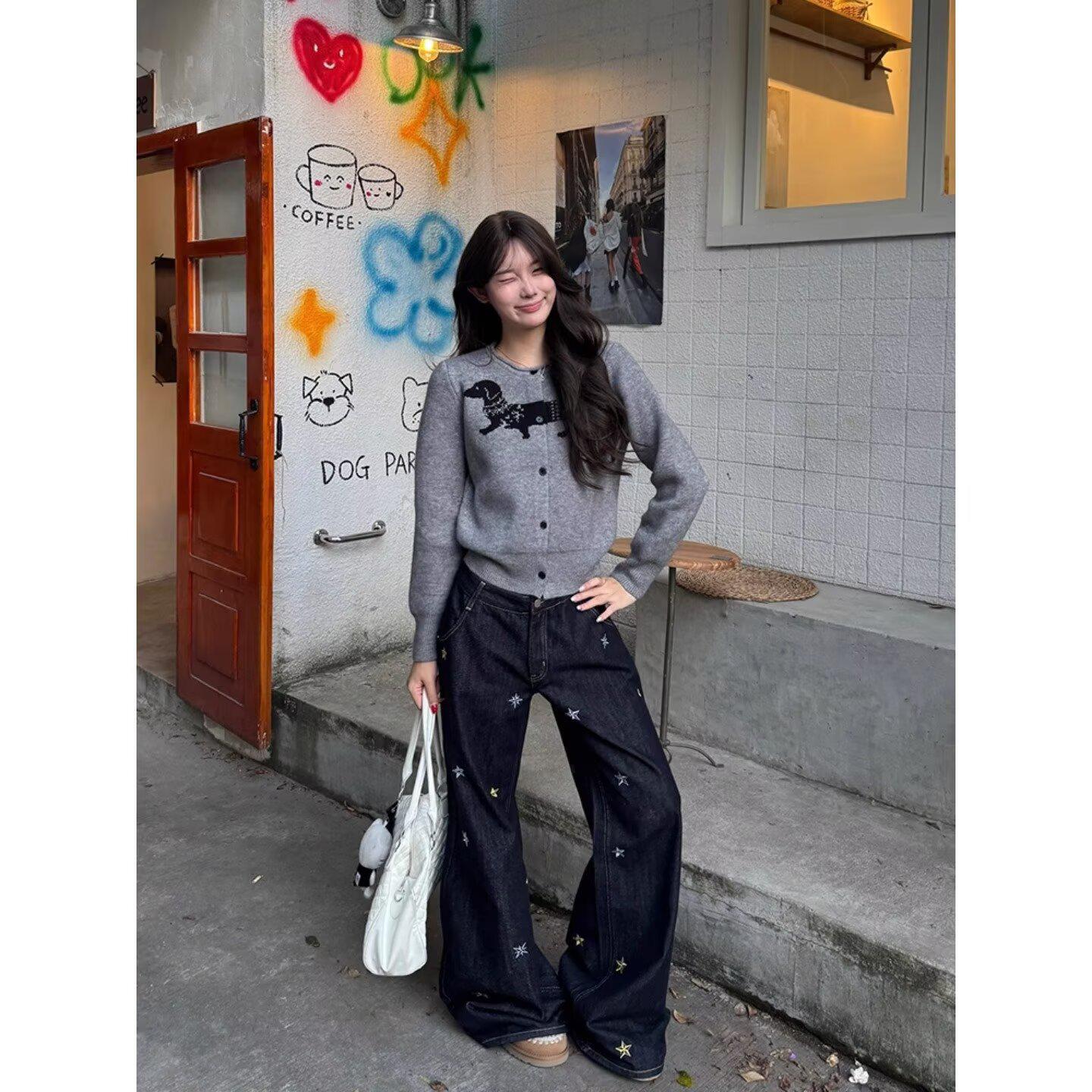 

Унісекс Яскраві Джинси Широкі з Вишивкою Зірок - Колекція Весна/Осінь 2025 L чорний/синій