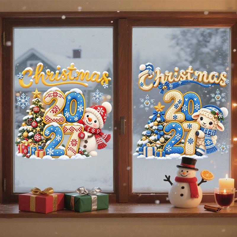 2027 Knit Sheep Window Sticker Happy New Year Stickers Cute Lamb Christmas Window Decor Home Decoration Shop Glass Xmas Ornament
