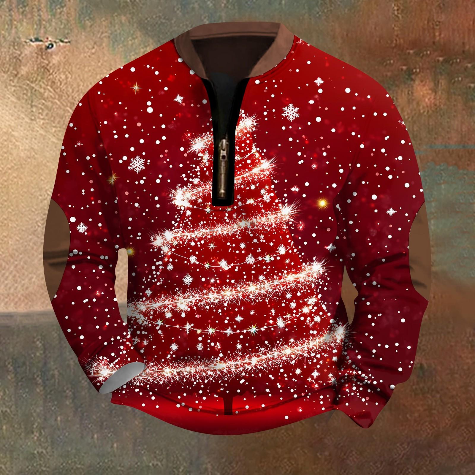 Men s Fashion Casual Half Zipper Neck Loose Long Sleeve Christmas Printed Sweatshirt XL красный
