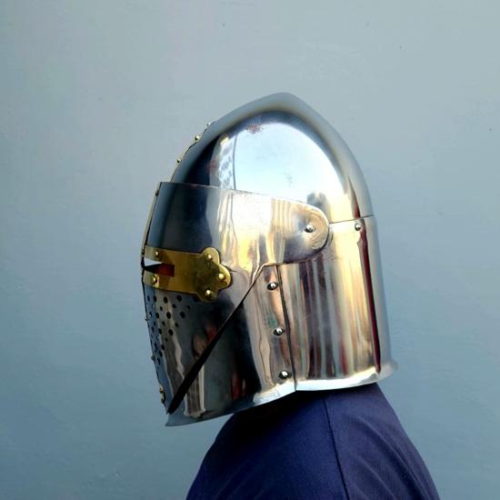 Steel Templar Knight Helmet, Brass Cross Crusader Armor, Medieval Warrior Costume Gift