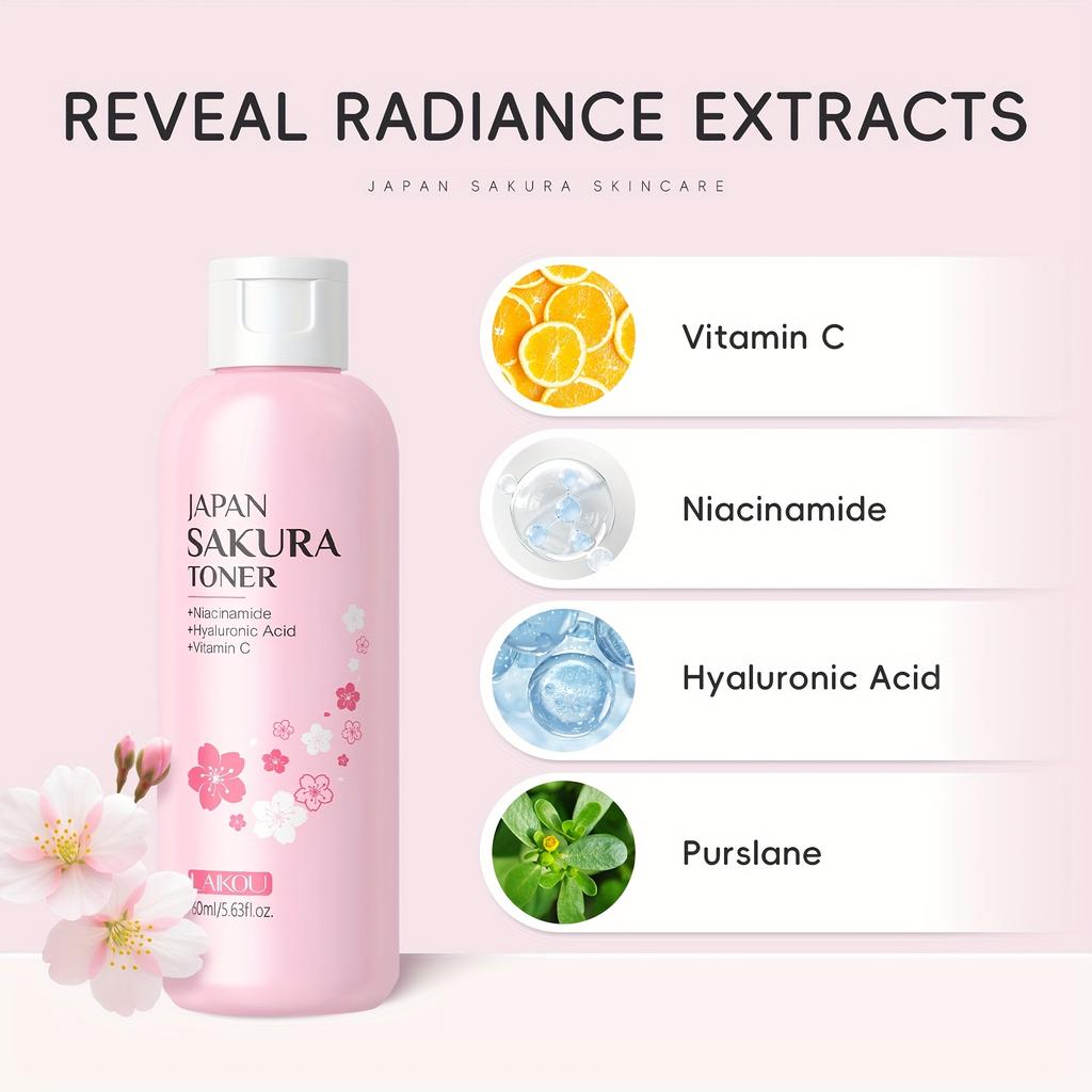 Japan Sakura Toner 5.63oz All Skin Types with Niacinamide Sodium Hyaluronate Moisturizes Day Night Gift for Christmas New Year Valentines