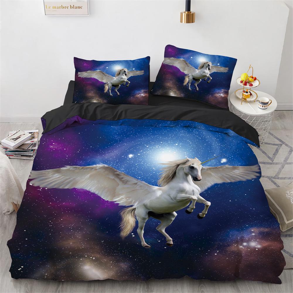 Blue Unicorn Duvet Cover Set Wild Animals Horse Polyester Bedding Set King Queen Full Size For Kids Boys Girls Comforter Cover