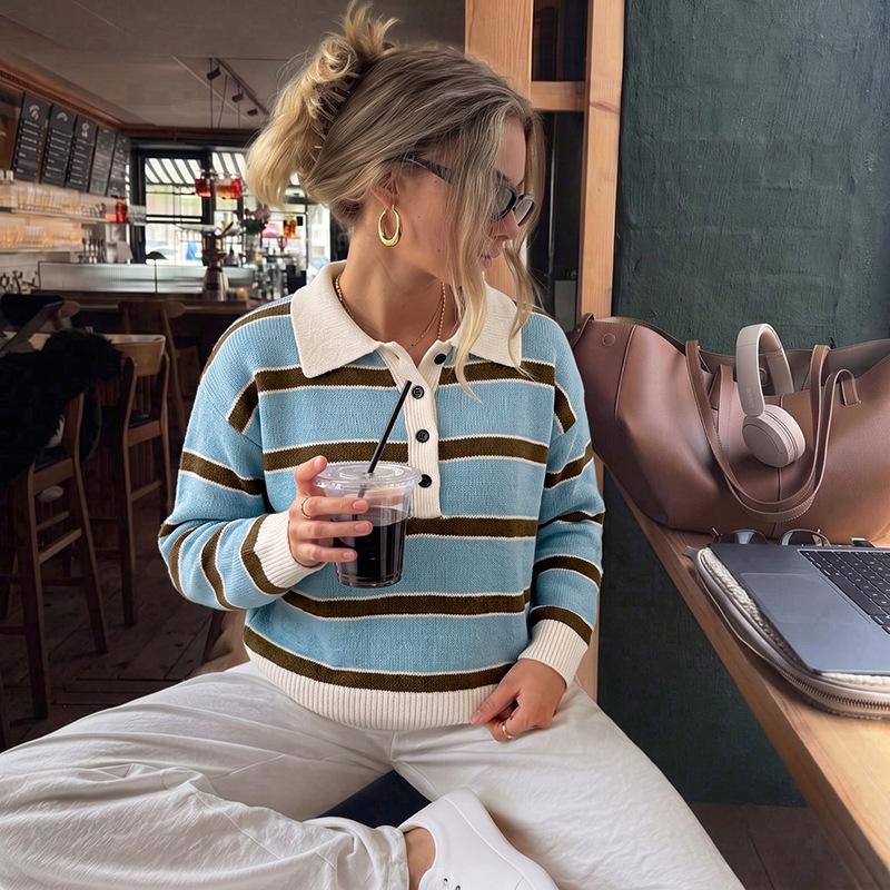 2026 Autumn/Winter Gentle Retro Striped Polo Collar Long Sleeve Sweater for Women