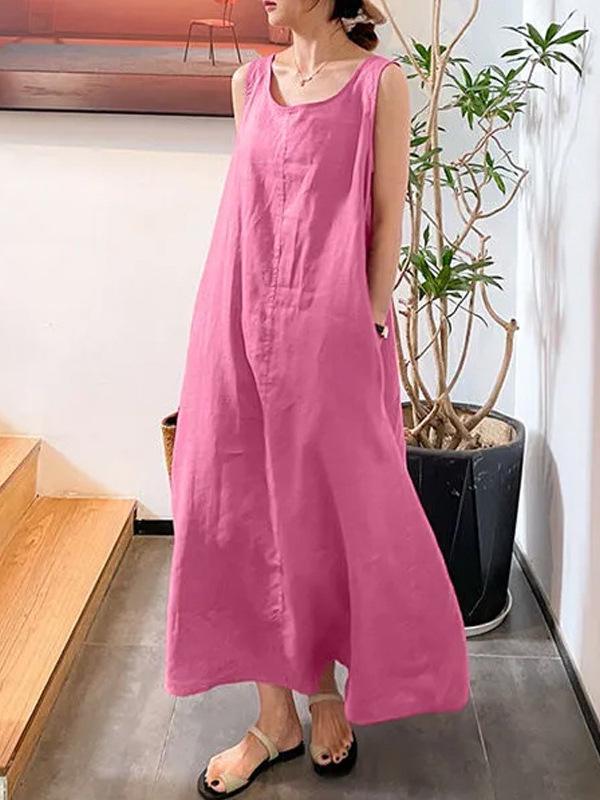Women's Summer Sleeveless Cotton Linen Maxi Vest Dress - Casual Loose Fit