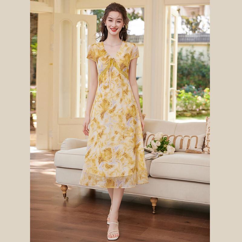 Romantic Floral V-Neck Puff Sleeve Tie-Waist Tea Dress L