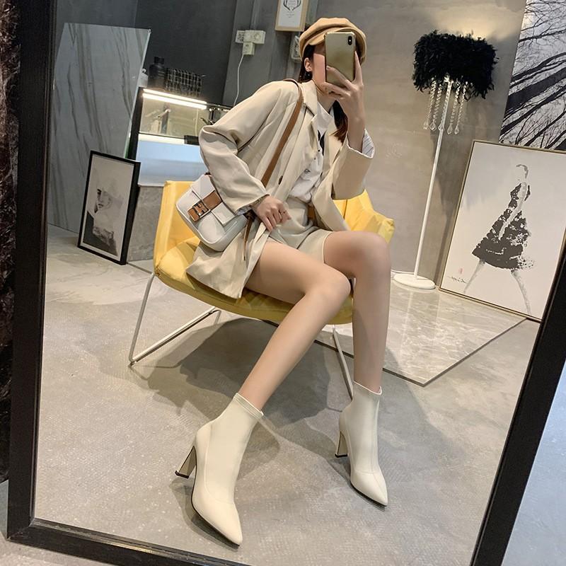 Autumn And Winter Tide Short Boots Thick High Heel Single Boots Pointed Black Elastic Martin Boots Skinny Legs Socks Boots Women