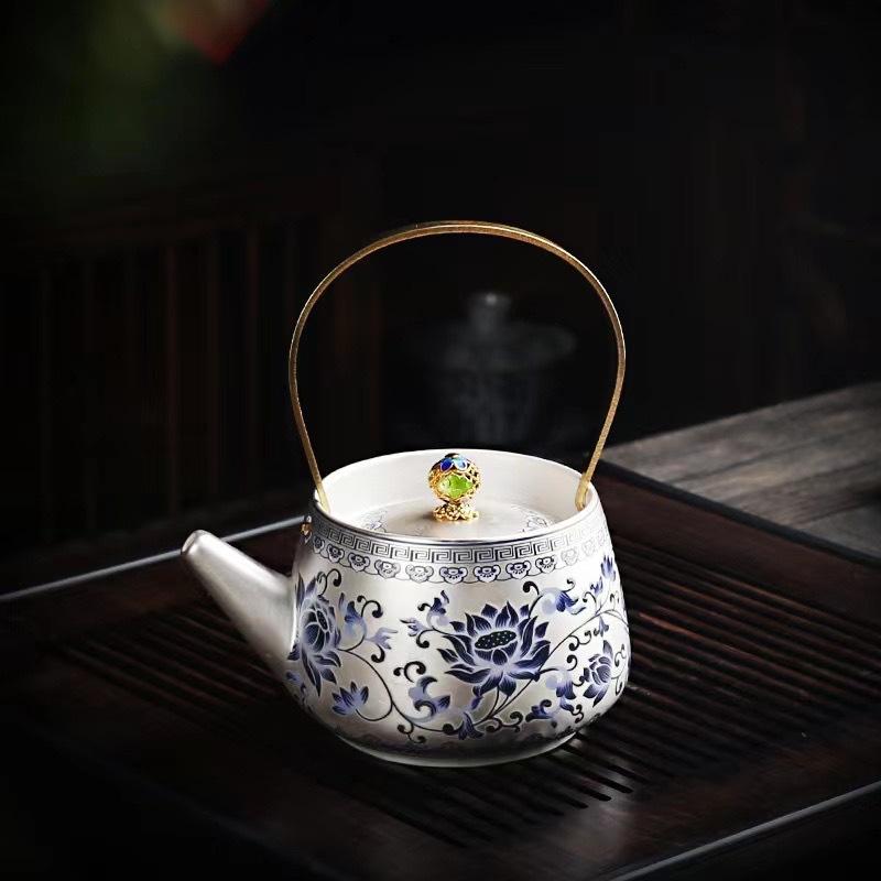 Full Silver Blue And White Twisted Lotus Beam Pot, One Pot And Two Cups Of Tea Set, Convenient For Home Use, New Teapot, Teapot