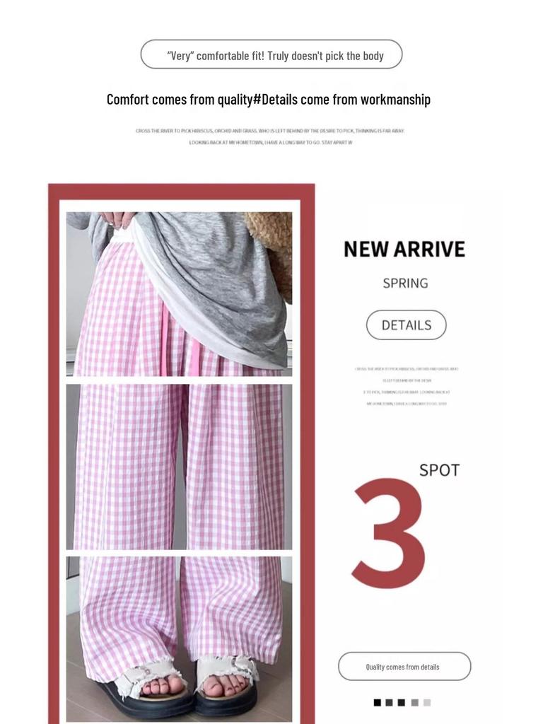 Women's Summer High-Waist Plaid Casual Pants: Slimming Straight or Wide Leg Draped Design