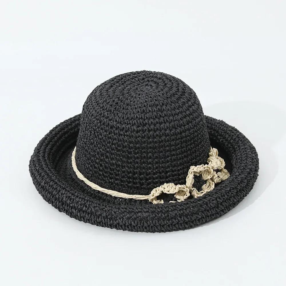 

Summer Straw Panama Hats for Women Girls Mother Daughter Beach Bohemia Wide Brim Sun Protection Foldable Cap Breathable Bow чорний