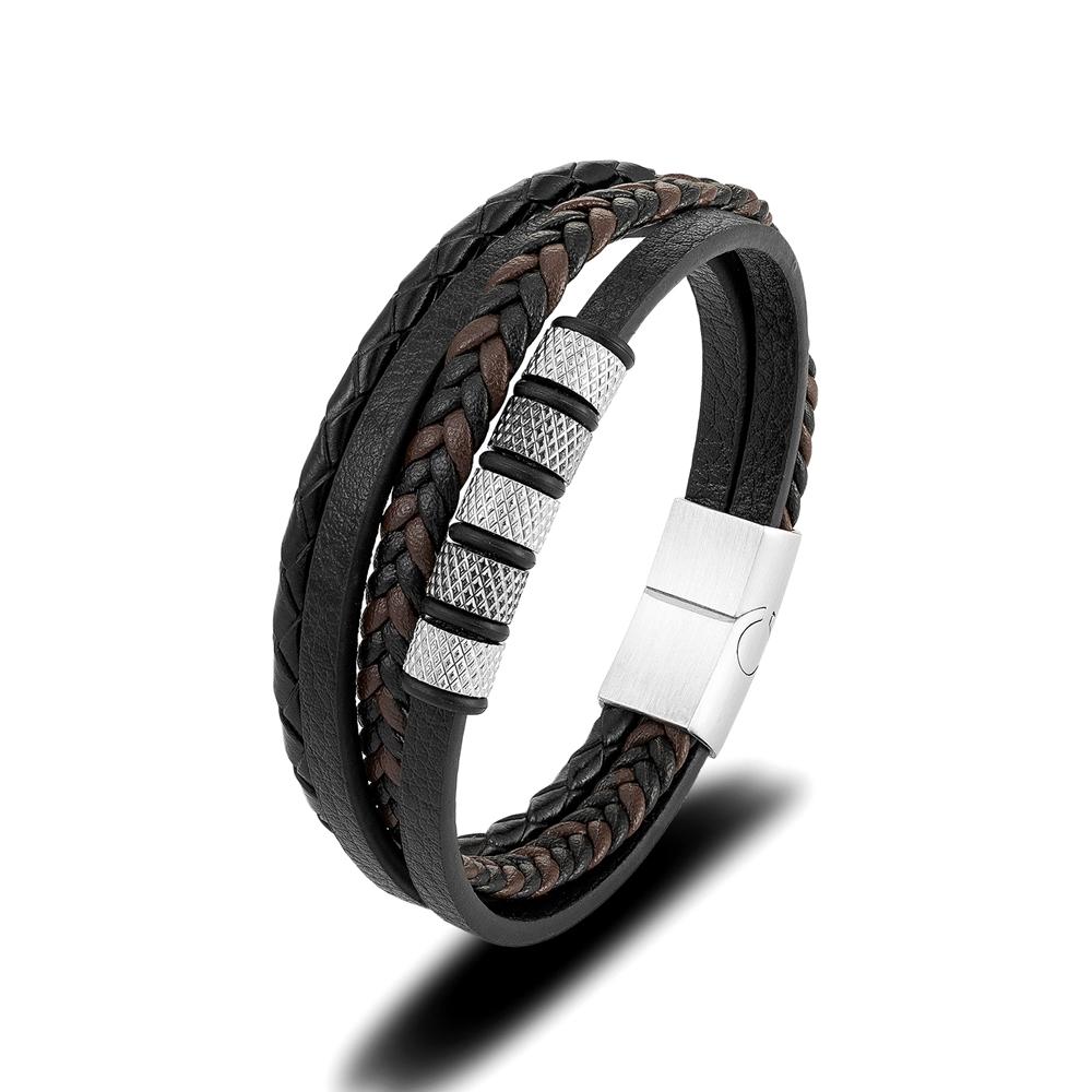 Stainless Steel Beaded Bracelet Punk Men's Classic Multilayer Braided Leather Bracelet Black Buckle Homme Pulseras