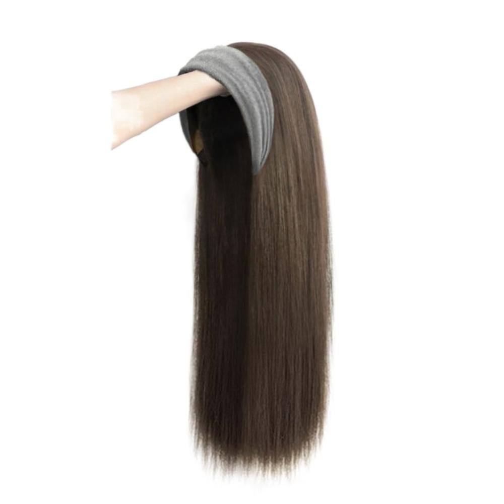 Hair Hoop Half Headband Wig Korean Style Long Straight Hair Gray Wide Knit Headband Wig Daily Wear