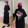 MODIQUE Summer Plus Size New Women Loose A-Line Printing Solid Color Long Dresses Elegant Lady Casual Cotton POLO Short Sleeve Skirt