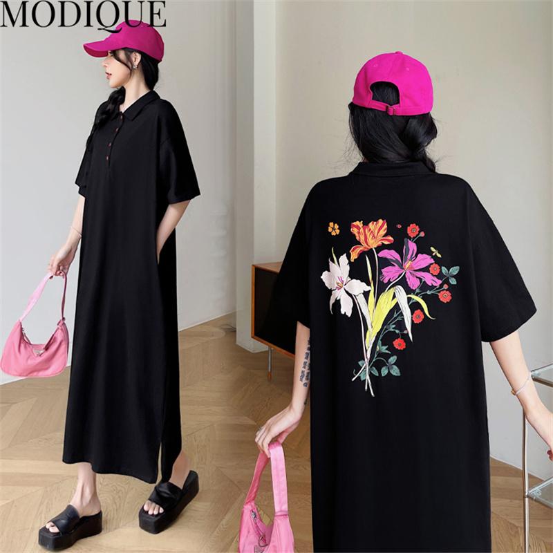 MODIQUE Summer Plus Size New Women Loose A-Line Printing Solid Color Long Dresses Elegant Lady Casual Cotton POLO Short Sleeve Skirt