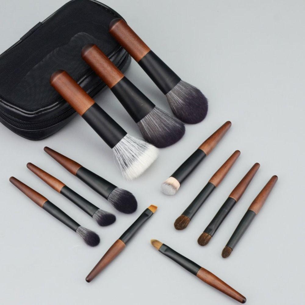 12Pcs Wood Mini Makeup Brush Set Lip Liner Eye Brow Roller Brush Simple Concealer Brush Set  Women