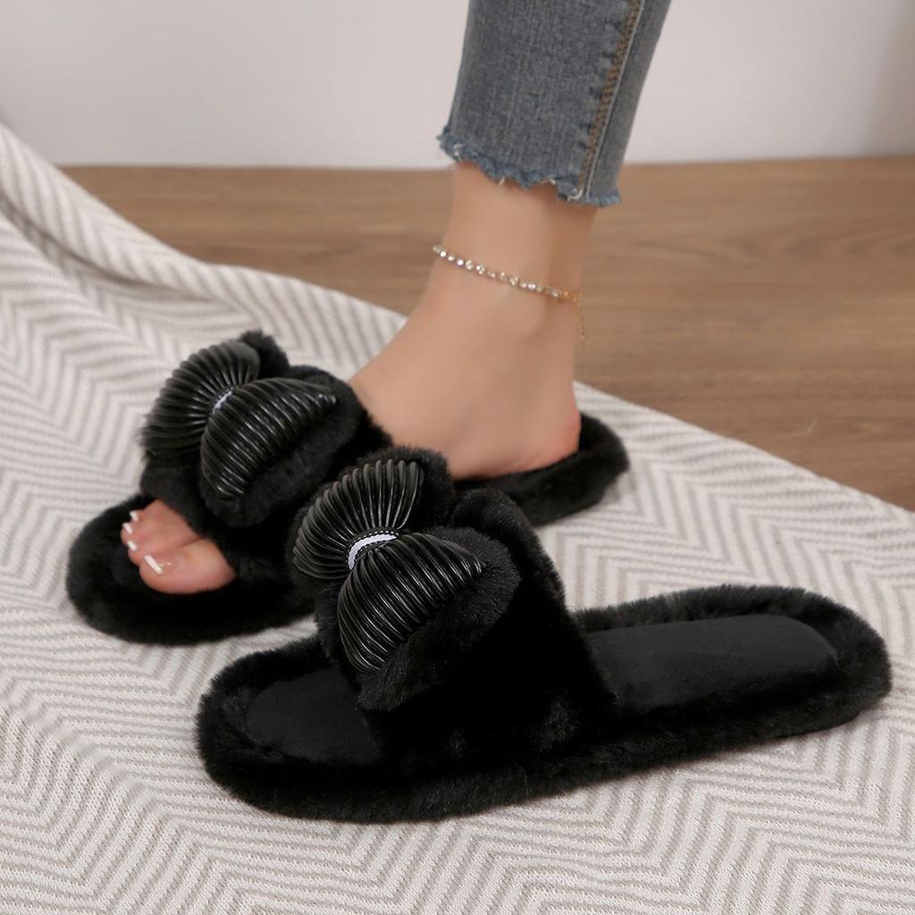 Internet celebrity flat bottom sweet bow flat bottom slippers women's autumn new plush lady slippers