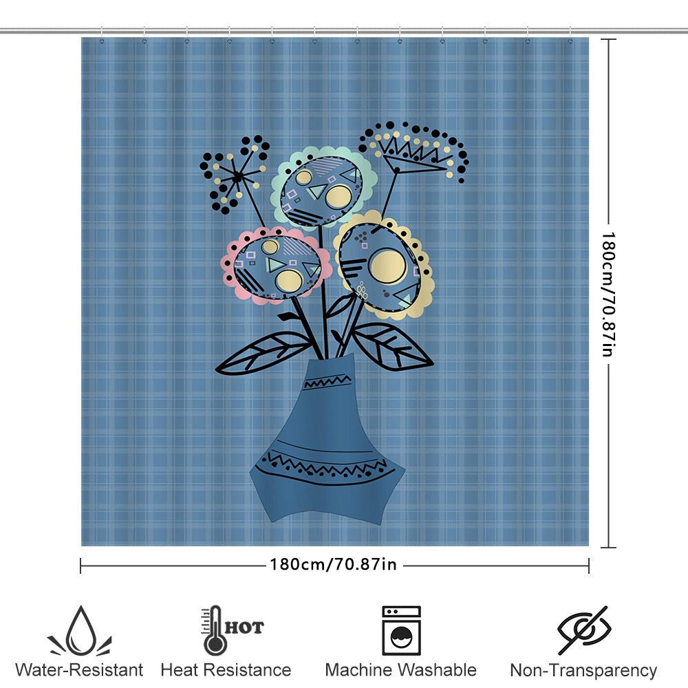 Dekorativer Duschvorhang mit blau kariertem Muster, einzigartigem Blumendesign für Badezimmerdekoration