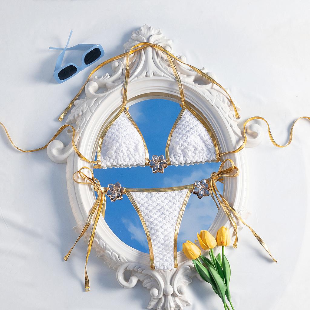 New Swimsuit European And American Sexy Lace-Up Metal Jewelry Bikini Swimsuit Women'S