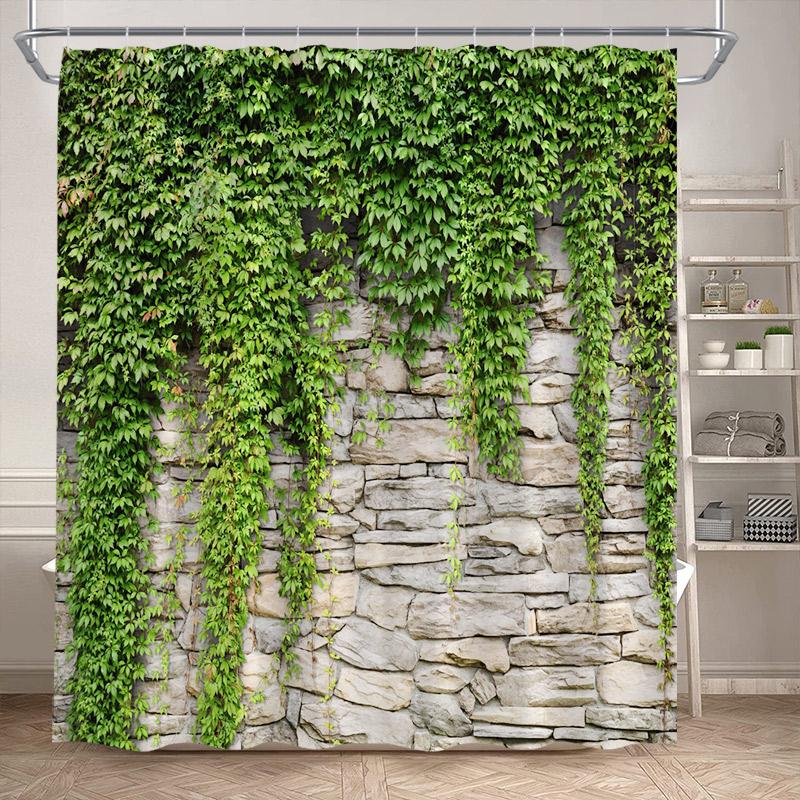 

Vintage Brick Wall Green Leaves Shower Curtains Rustic Vine Plant Leaf Grey Stone Polyester Fabric Bathroom Curtain Decorative W60H190(CM)-1 Pcs