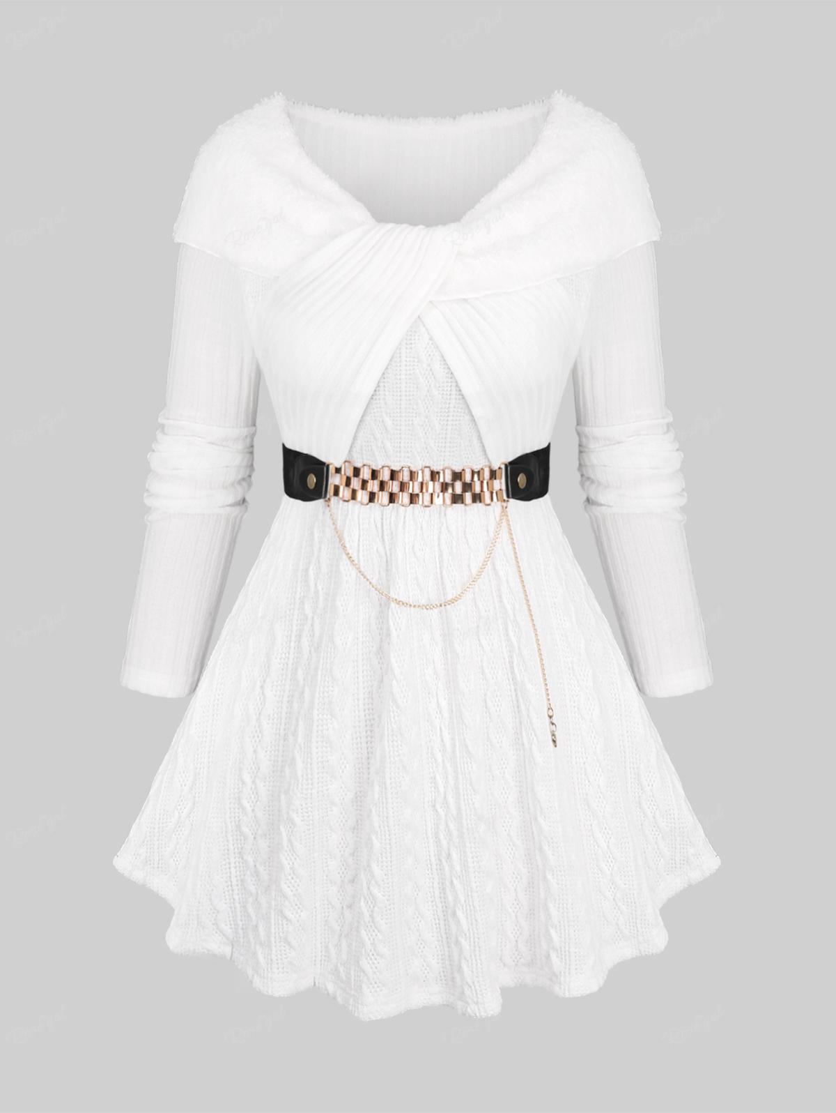 

Rosegal Плюс Размер Ребристый Твист Складной Вставка Флисовый Отложной Воротник Цепной Ремень Вязаный Свитер M