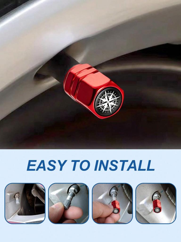 4Pcs Compass Aluminum Alloy Valve Caps, Hex Leak-Proof Tire Valve Covers, Stylish Wheel Hub Accessories