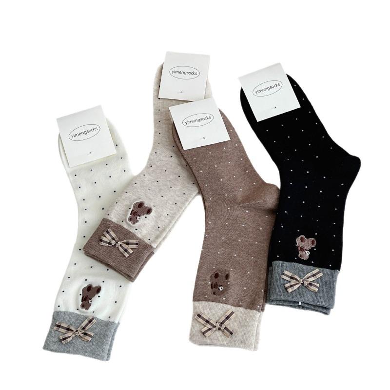 Autumn and Winter Bear Embroidered Bow Cartoon Versatile Mid-calf Socks for Women In Contrasting Colors Cute Cartoon Dot Pile Socks