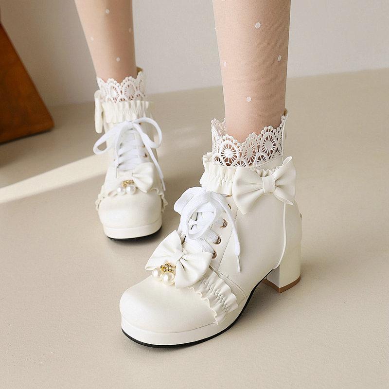 Autumn/Winter Women's Short Boots with Front Strap White Lolita Princess Shoes Winter Short Boots for Women