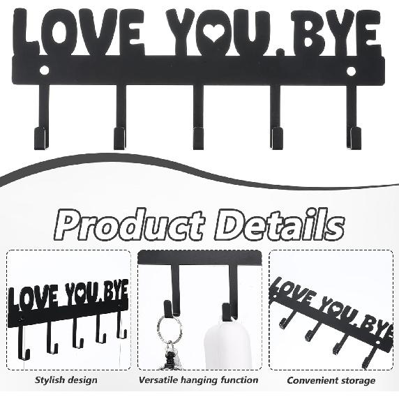 Key Holder Wall Mount, Large 'Love You.Bye' Entryway Organizer with 5 Hooks,Black Metal Key Hanger —No Drill Adhesive for Home Wall Decor