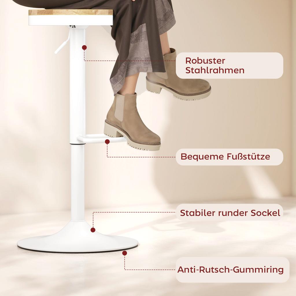 Bar Stool Set of 2, Height-Adjustable 360 degrees Swivel Bar Stool with Steel Frame Footrest 38.5x38.5x60-80 cm Natural Wood+White