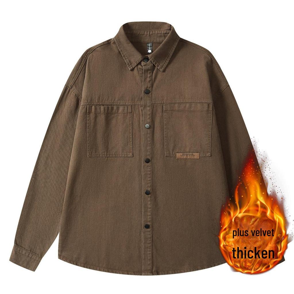 Herren Off-White Schweres Arbeitshemd, mit Samt gefüttert, lockere Passform, lässig langärmlig für Frühling & Herbst