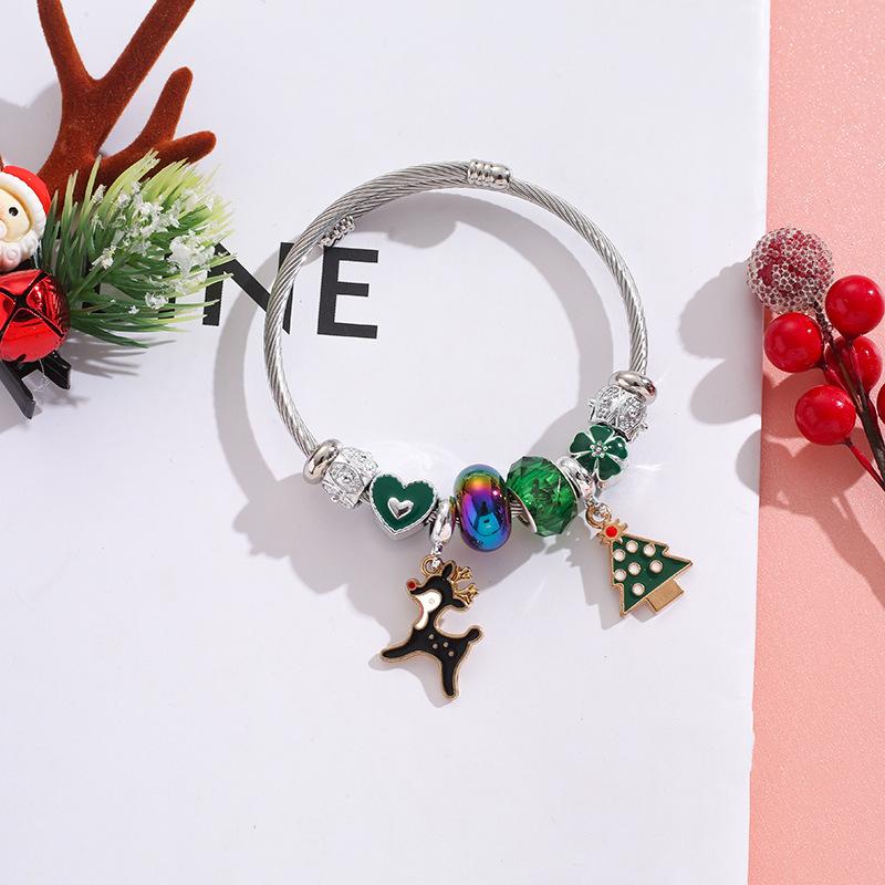 Christmas Themed Stainless Steel Bracelet For Girls With Snowflake Reindeer Crystal Beads And Tree Charm Gift
