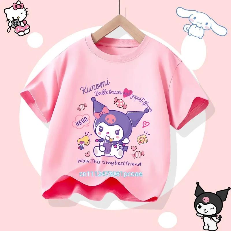 Kuromi Children's Pure Cotton Short-Sleeved Girls' Casual Shirt - Summer T-Shirt with Cartoon Print- Three Little Monkeys Series