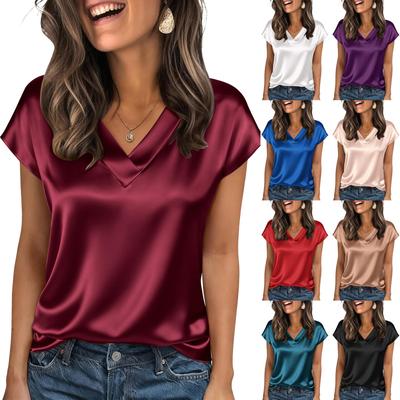 Women Stain Tops Short Sleeve Blouse V Neck Shirts Business Casual Outfits