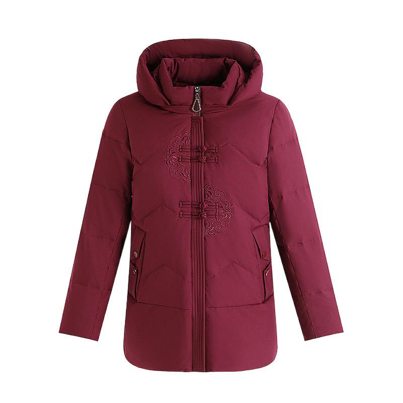 New Loose Hooded Down Jacket Female Short Buckle Middle-aged and Elderly Mothers Fashion Embroidery Winter Coat.