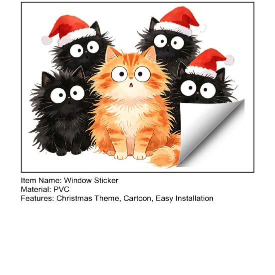 DIY Christmas Scene Window Decals Cling, Cartoon Cats Sticker with Santa Hat, Removable Cute Holiday Decorations PVC Static Glass Decal for