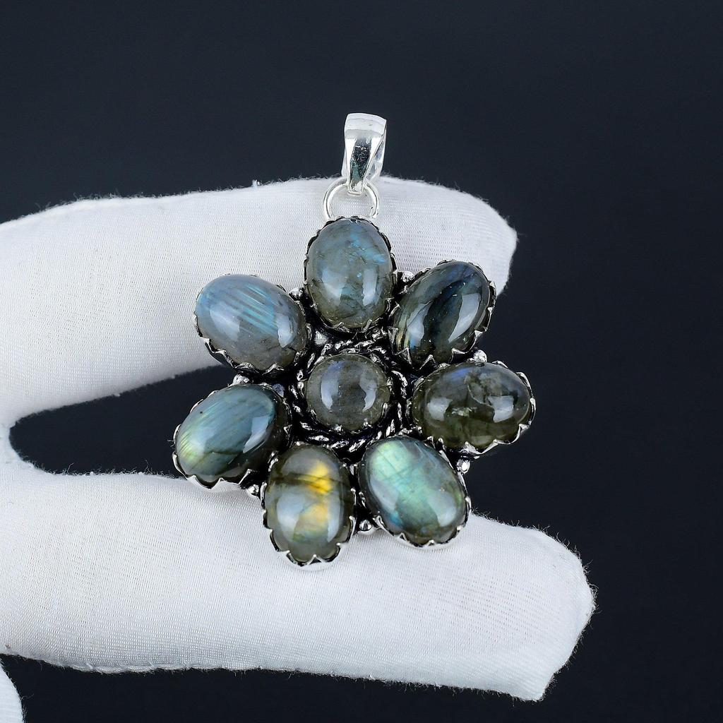 Natural Labradorite Gemstone Silver Flower Pendant In 925 Sterling Silver - Handmade Pear Design, Everyday Wear Jewelry Mother's Day Gift