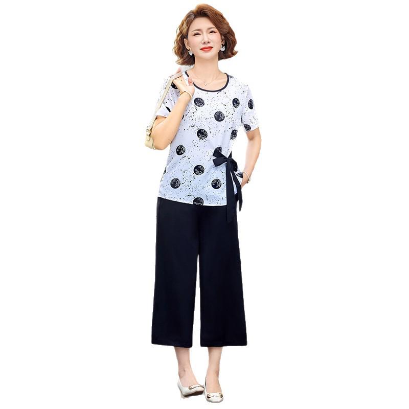 Summer Chinese Style Two-Piece Set: Short Sleeve Top & Wide Leg Pants for Middle-Aged Women