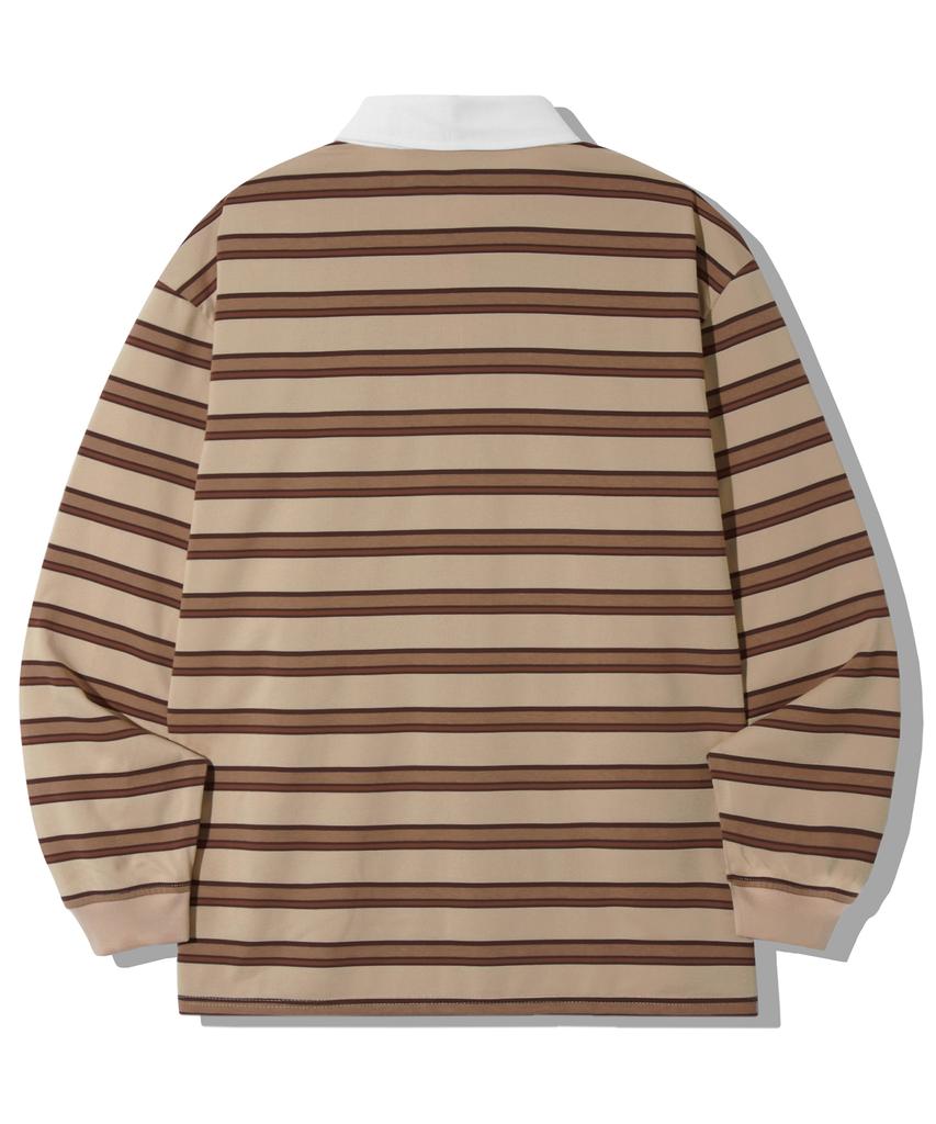 TRILLION Striped Rugby Oversized Pique Polo Shirt [Beige]