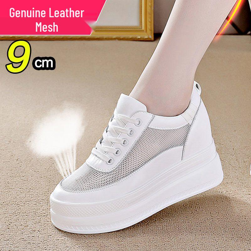 Women's Genuine Leather High Heel Mesh Shoes - 10cm Lift, Thick Sole, Spring Style, White