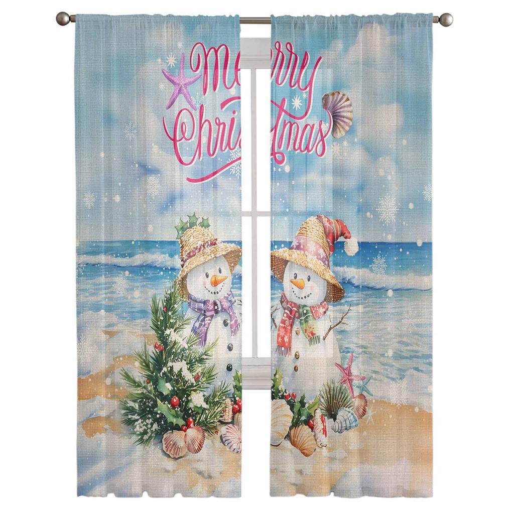 Jul Vinter Strand Snögubbe Gardiner För Vardagsrum Sovrum Heminredning Fönster Voile Tyllgardin Draperier