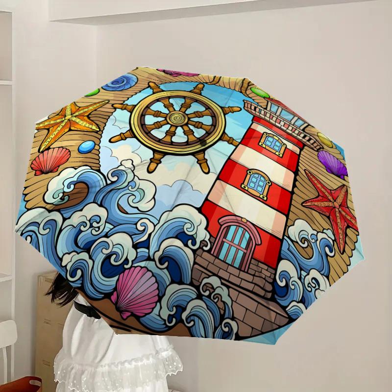 1pc Nautical Seaside Decorative Emblem Umbrella with Plastic Handle,Suitable for All Seasons Home Travel Outdoor UmbrellaDD1431
