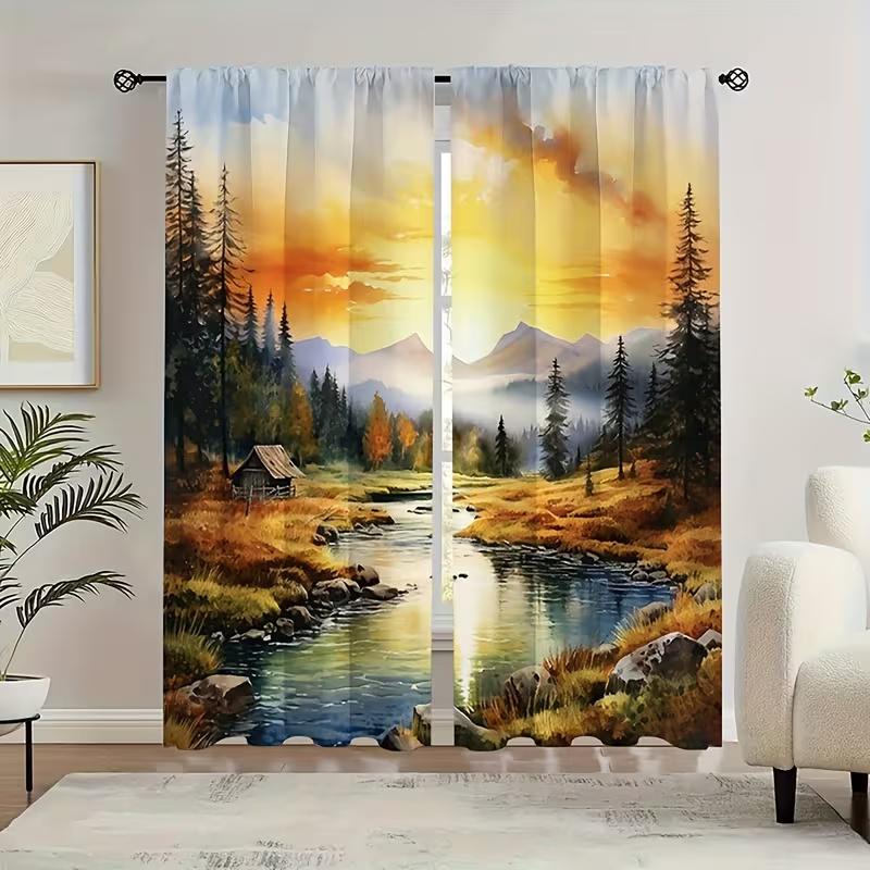 2 Pcs Mountain Scenery Print Curtains,suitable for Bedroom,living Room Kitchen Decoration,home Decoration,window Decoration