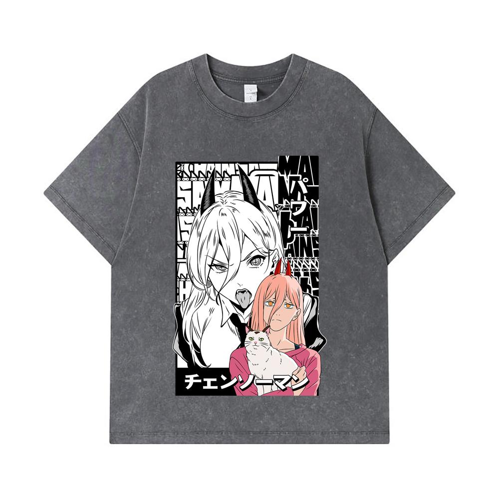 275 GSM Washed T-shirts 100% Cotton Chainsaw Man V57 Power Print Unisex Heavy Cotton T Shirt