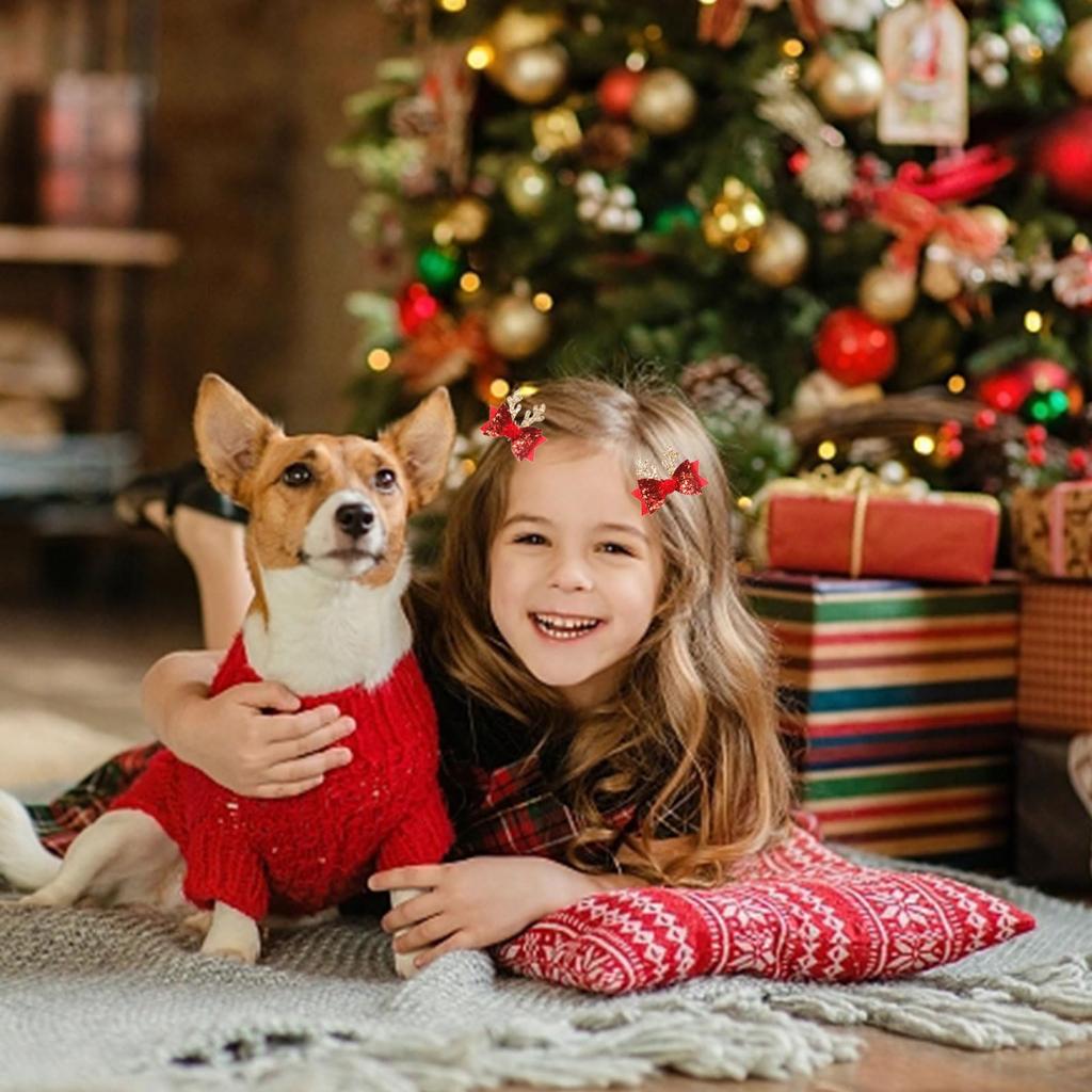Set of 4 Christmas Hair Accessories: Deer Antler Christmas Hairpins, Ribbon Hair Clips, Cute Reindeer Christmas Hair Ornaments with Pom Poms, Cosplay